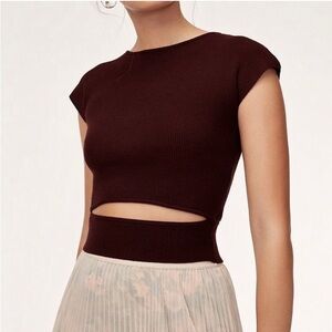 Aritzia Medium Yacine Eggplant Burgundy Ribbed Knit Stomach Cutout Belt Band